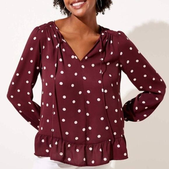 Loft Burgundy Plum & Pink Polka Dot Tie Neck Ruffle Hem Long Sleeve Blouse XXS - Picture 11 of 11